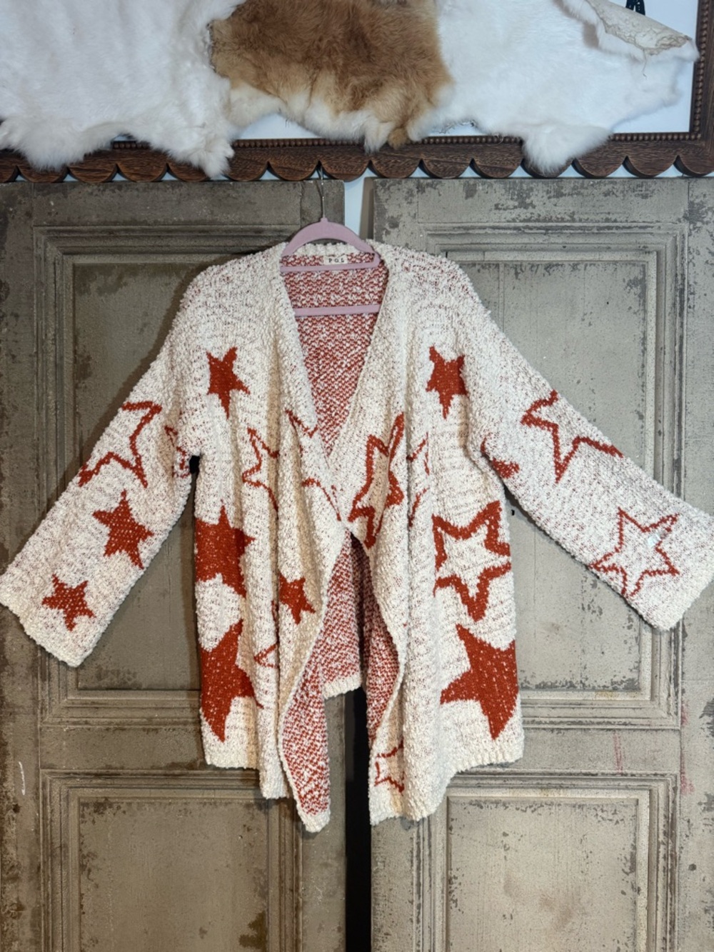 POL Cream Bouclé Cardigan with Rust Star Pattern